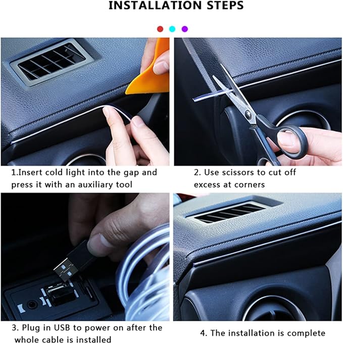 Interior Car Ambient Lighting Neon Kit for Center Console Dashboard Gap | 1 To 2, with 16.4ft Ultrathin Fiber Optic, High Bright, Multicolor, USB interface, Music Sync, Multiple Modes, Universal