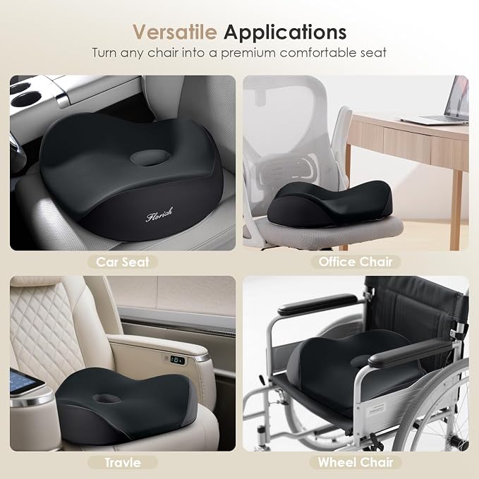 FLORICH Car Seat Cushion for Driving, Memory Foam Seat Cushion for Car Office Chair, Ergonomic Office Seat Chair Cushion, Larger Car Seat Cushion for Car Trunk, Wheelchair - Black