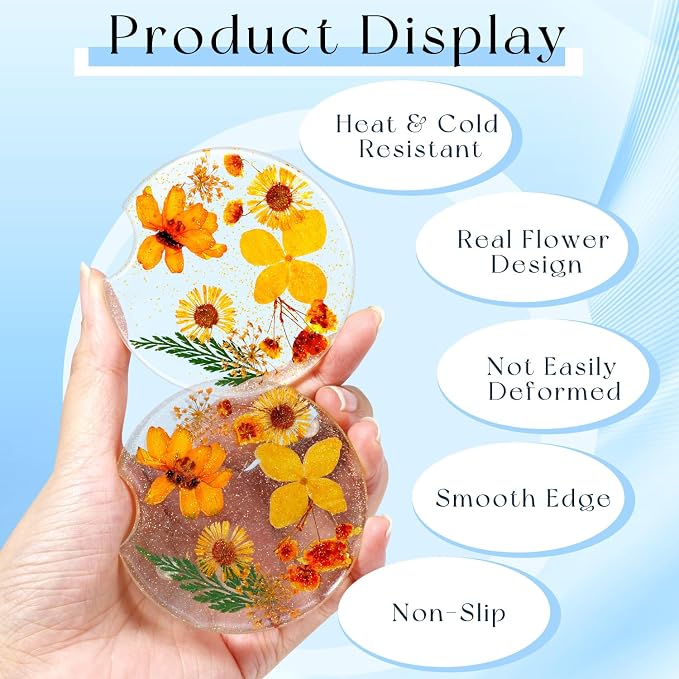 Swooflia Flower Car Cup Holder Coasters for Women - 2.75 Inch Cute Resin Clear Automotive Drink Cupholder Insert Car Accessories 2 Pack Orange Yellow