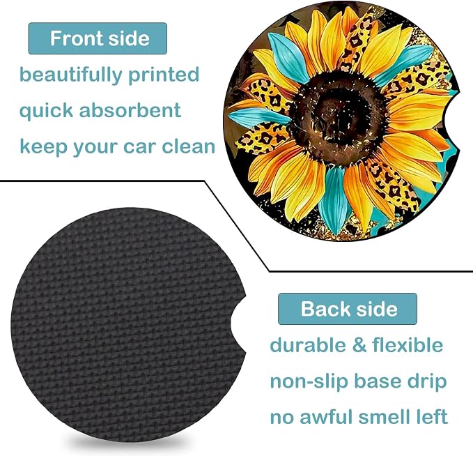 2 PCS Sunflower Leopard Car Cup Holder Coasters Universal Neoprene Coasters | 2.75" Universal Size Anti Slip Rubber Mat, Auto Cup Holder Decor for SUV Truck,Sunflowers Gifts for Women Mom Her Wife