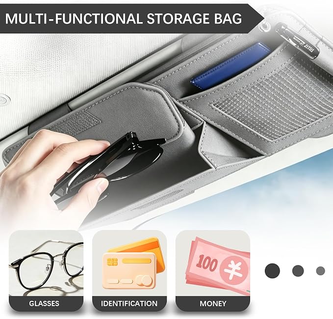 Car Sun Visor Organizer, Visor Accessories, Leather Sunvisor Pocket Organizer Case with Multi-Pocket Net Zipper, Waterproof Auto Sunshade Organizer Bag for Card Pen Sunglasses Document (Grey)