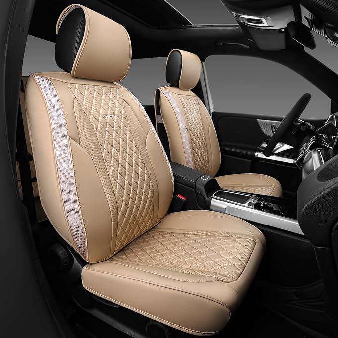 CAR PASS Beige Leather Bling Car Seat Covers Full Set, Luxury Microfiber Nappa PU Cushioned, Waterproof Anti-Slip Universal Fit for Auto SUV Sedan Sparkly Glitter Shining Rhinestone, Beige Diamond