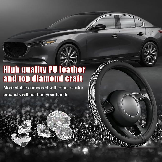 povtii Bling Car Steering Wheel Cover, Sparkling Crystal Rhinestone Auto Wheel Protector, Anti Slip Cover Fit 15 Inch Steering Wheel for Women Girls, Universal Car Accessories (Black)