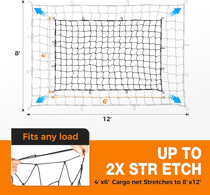 Cargo Net 4’x6’ Truck Bed Bungee Mesh 12 Carabiners | Stretches to 8’x12’, tangle-free hooks, storage bag included, pickup truck SUV trailer compatible, universal bed accessories