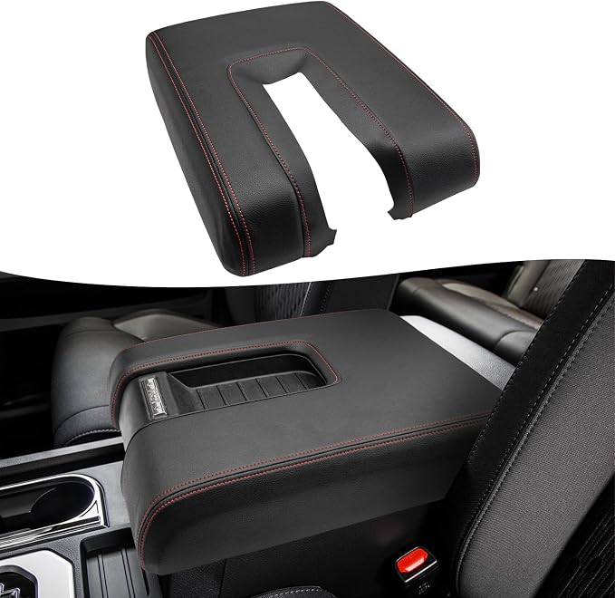 KBH Car Center Console Cover Replacement for Toyota Tundra 2014 2015 2016 2017 2018 2019 2020 2021, Vinyl Leather Armrest Uhpholstery, Anti-Scratch, Black-red Stitch (Leather Part Only)