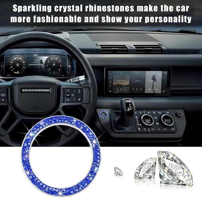 Kewucn Bling Crystal Double Rhinestone Car Engine Start Decoration Ring, Sparkling Push Start Button Sticker, Key Ignition & Knob Ring Decoration, Bling Car Interior Accessory(Dark Blue)