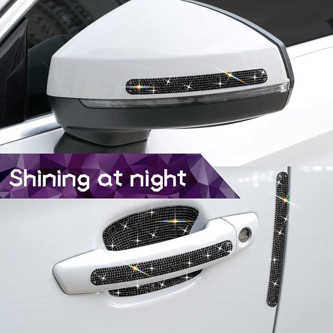 10PCS Car Door Handle Bling Rhinestones Stickers, Black | Universal Auto Door Handle Safety Reflective Strips, Cute and High End Decoration