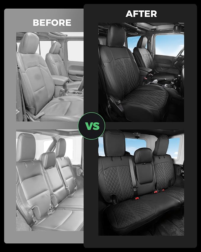 for Jeep Wrangler Seat Covers 4Door JL 2018 2019 2020 2021 2022 2023 2024 2025 2026, Custom Fit Car Seat Cover Full Set, Luxury Waterproof Leather Seat Protectors, Black, with Rear Cup Holder