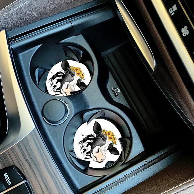 Car Coasters for Women Mother's Day 2 Pack Easter Decorations, Cute Farm Cow Animal 2.56" Absorbent Ceramic Coaster Car Accessories, Keep Cup Holders Clean and Dry, Easy Removal(Cute Cow & Sunflower)