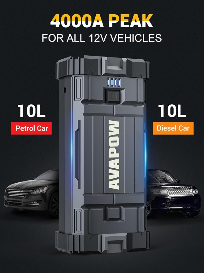 AVAPOW Car Jump Starter, 4000A Peak Battery (for All Gas or Up to 10L Diesel), Portable Booster Power Pack, 12V Auto Jump Box with LED Light, USB Quick Charge 3.0