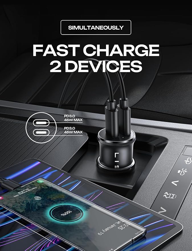 LISEN 90W USB C Car Charger USB C Fast Charge, 45W PD&QC 3.0 Fast Car Charger for iPhone 17 Pro Max 16 15 Pro, Cigarette Lighter USB Charger Adapter for Samsung S26 S25, Android [Metal&Mini] Sockets