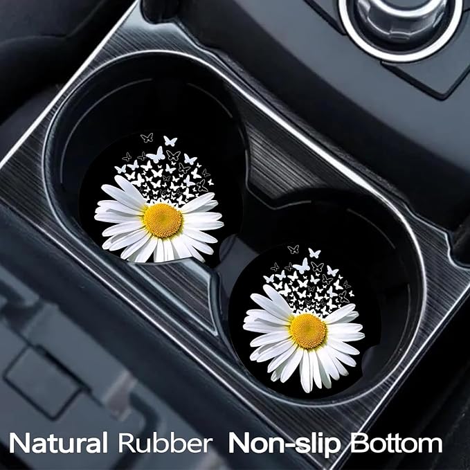 2 Pack Daisy Butterfly Car Cup Holder Coasters Universal Neoprene Coasters | 2.75" Universal Size Anti Slip Rubber Mat, Auto Cup Holder Accessories for SUV Truck, Daisy Gifts for Women Men