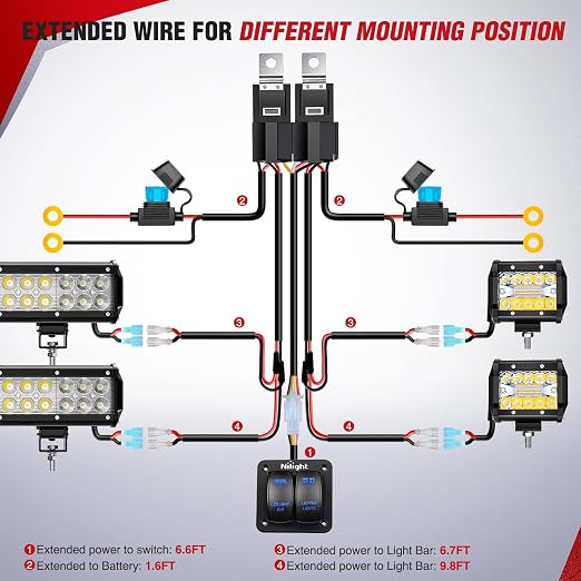 Nilight 16AWG LED Light Bar Wiring Harness Kit 12V On/Off 2 Gang Rocker Switch Panel Power Relay Blade Fuse 5Pin Toggle Switches for Cars Boat ATV Trucks-4 Leads