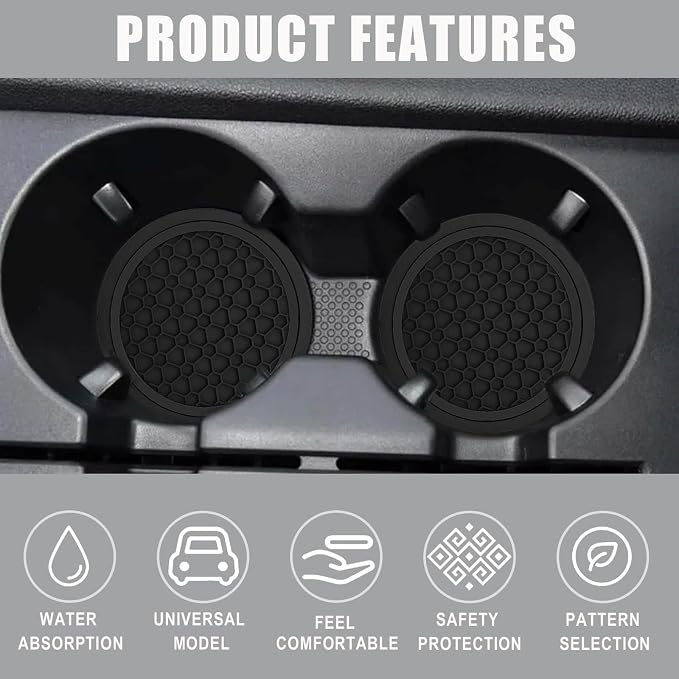Car Cup Holder Coasters, Dustproof Automotive Interior Accessories Mat,2.75 Inch Non-Slip Insert Water Bottle Holder Pads, Universal for Vehicles, Trucks, RVs and More (Black/Black, 2PCS)