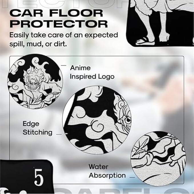 Anime-Inspired Car Floor Mat Set of 2 Front – Non-Slip Waterproof Auto Mats, Universal Fit Anti-Skid Rubber Backing, Interior Floor Mat Accessories for Cars, Trucks & SUVs (Black Gear 5)