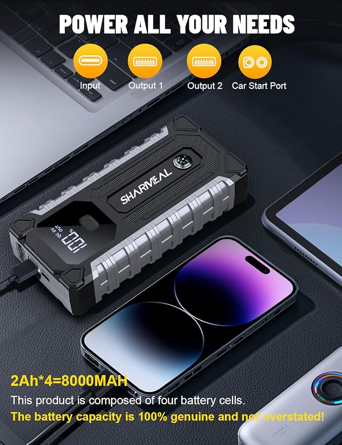 Sharmeal Car Jump Starter 6000A, Jump Starter Battery Pack for All Gas and 9.0L Diesel, 12V Portable Jump Box with LED Light