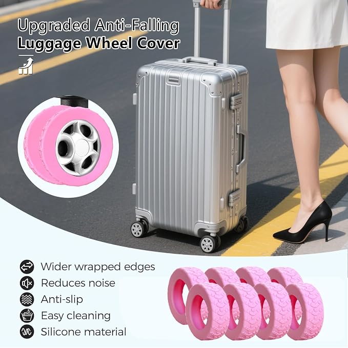 8 Pcs Luggage Wheel Covers, Anti-Noise, Fits 2-2.4" suitcase wheel, Pink | suitcase wheel covers, Widened & Thickened Silicone, Anti-Noise & Scratch-Proof, Fits 2-2.4" Carry-On Luggage Wheels