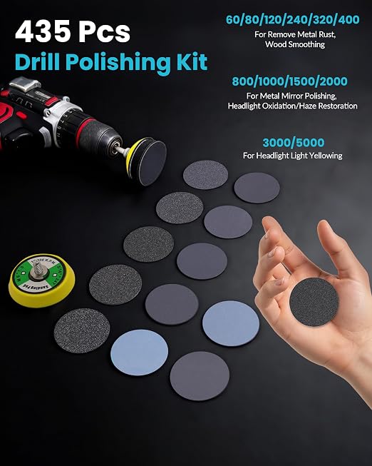 435PCS 2 Inch Wet Dry Sanding Discs Headlight Restoration Polishing Kit | Hook and Loop Sandpaper Assortment 60-5000 grit for Dremel Rotary Tool, Drill Polishing Kit Buffing Pad for Auto Wood Metal