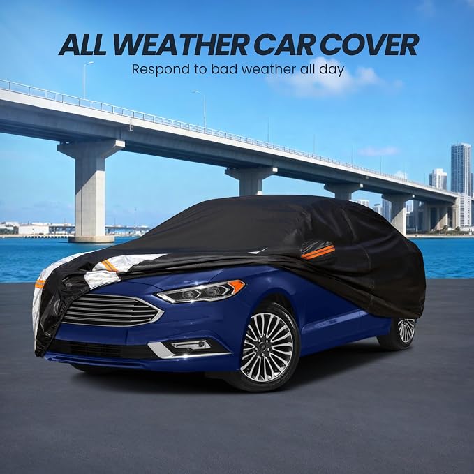 Multi-Layer Car Cover Custom Fit for Ford Fusion(205-2026), 100% Waterproof All Weather for Automobiles, Gift with Towel, Heavy Duty Car Covers for Rain Sun UV Protection with Door Zipper