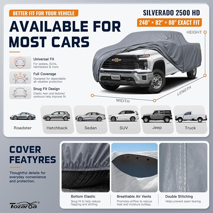 Truck Cover Waterproof All-Weather,Outdoor Full Exterior Pickup Covers(Length 251-262 inch) with Windshield Sun Shade Universal Fit RAM 2500, Silverado 1500 2500 etc,Size T7 (See SizeChart)