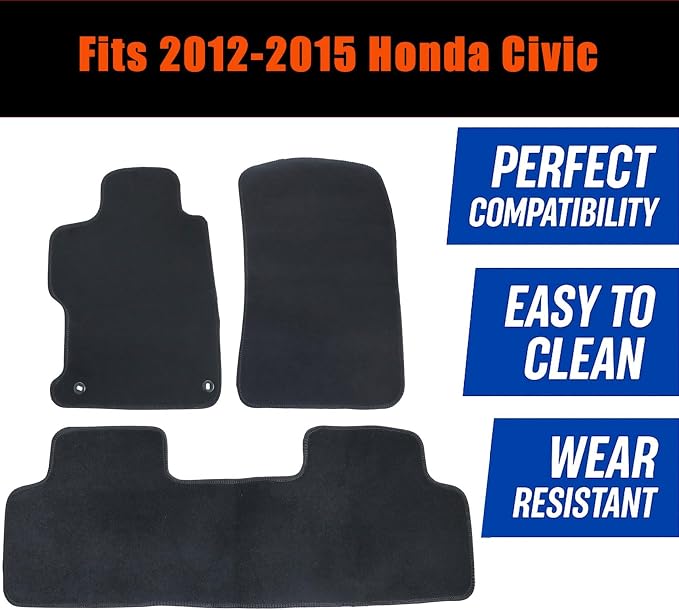 GXARTS 3PCS Front and Rear Velour Floor Mats Carpet Black Replacement Compatible with Honda Civic 2012 2013 2014 2015 Anti- Slip