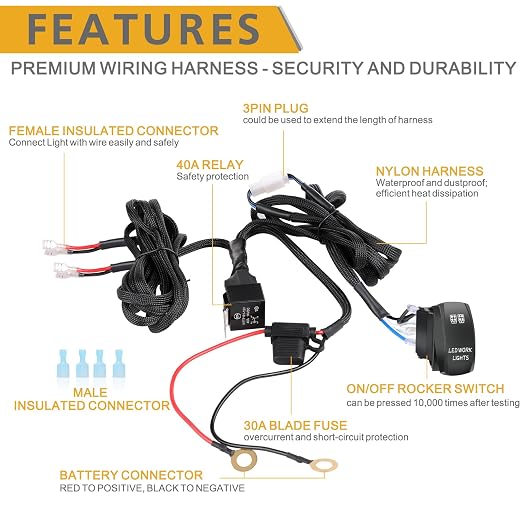 Wiring Harness 2 Lead, Rfroad Lighting 12V Fog Lights Wiring Harness Kit for LED Light Bar Work Lights Driving Lights 40A Relay Fuse On/Off Rocker Switch Nylon Wire Harness for Truck UTV ATV Boat