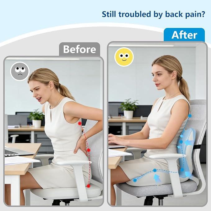 Ergonomic Memory Foam Seat Cushion with Strap for Office Chair, Blue Grey | Contoured coccyx cutout supports back and butt, with a non-slip base and washable cover for office chairs and cars.