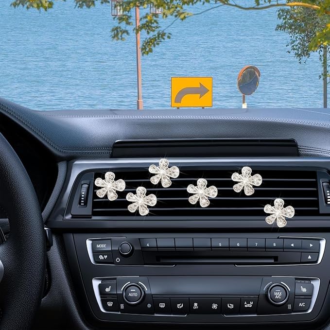 Mandark 6PCS Bling Daisy Flower Car Air Vent Clip, Crystal Rhinestone Vehicle Air Vent Outlet Clip, Cute Auto Air Conditioning Clip Charm Interior Decor Accessories for Women Girls（Silver）