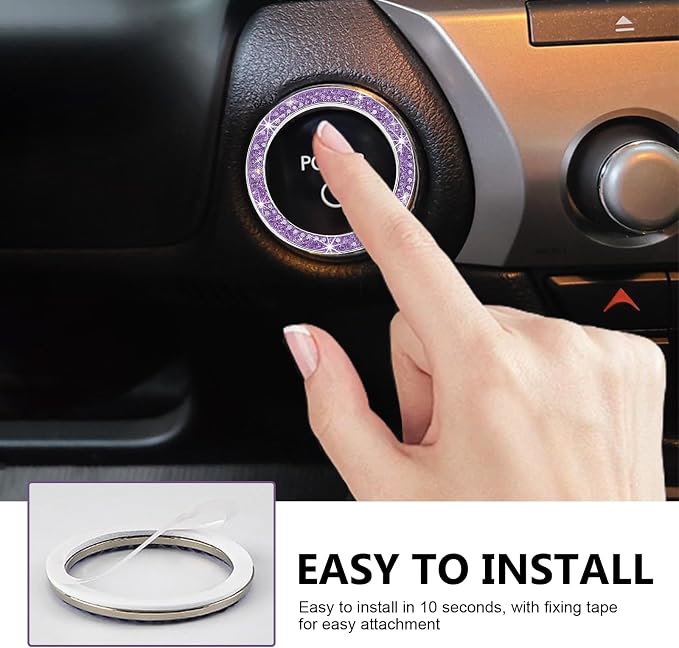 2PCS Car Engine Start Decoration Ring, Bling Crystal Double Rhinestone Push to Start Button Cover Sticker, Car Interior Accessories for Women,Fit for Key Ignition Knob Ring Decoration(Purple)