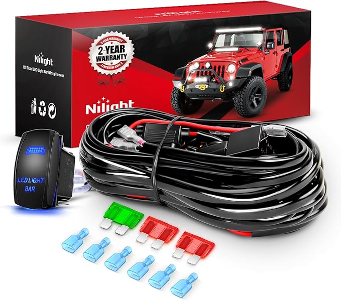 Nilight 12AWG LED Light Bar Wiring Harness Kit 12V On Off 5Pin Rocker Switch Laser Waterproof Toggle Power Relay Blade Fuse for Cars Boat ATV Trucks - 3 Leads Bule