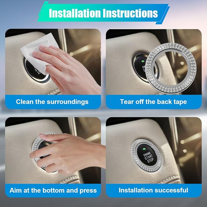 Car Bling Crystal Rhinestone Engine Start Decoration Ring, Ring Start Button Cover Sticker Key Ignition & Knob Ring Decoration, Bling Car Interior Accessories for Women (White)