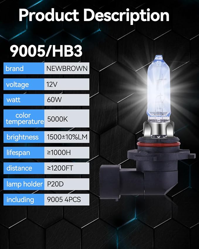 NEWBROWN 9005 HB3 Headlight Bulbs 9005 Halogen Headlight Bulb 5000K Super White Light Long Life Replacement P20D 12V/60W (9005/HB3, 4 Pack)
