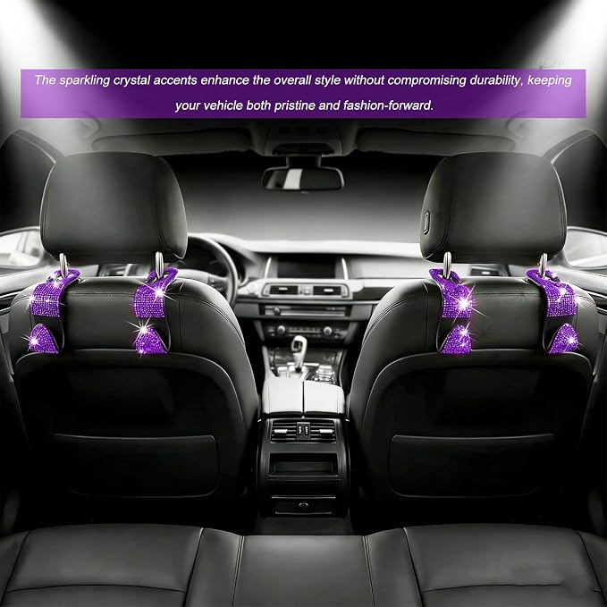 2 PCS Car Seat Headrest Hook, Crystal Rhinestone Seat Hanger Auto Interior Purse Holder, Bling Vehicle Backseat Hangers for Grocery Bags Handbags Coats, Car Accessories (Purple)