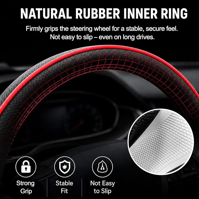 Car Steering Wheel Cover Full Surround - Soft Breathable Anti-Slip Heavyweight Safety Cover, Thick Cushioned Sports Style Universal Fit for Auto Truck SUV (Black/Red)