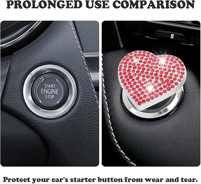 Bling Push Start Button Cover with Rhinestone,Heart Push to Start Button Cover for Car Decor,Diamond Engine Start Buttons Cover Car Accessories Interior for Women & Girl (Red)