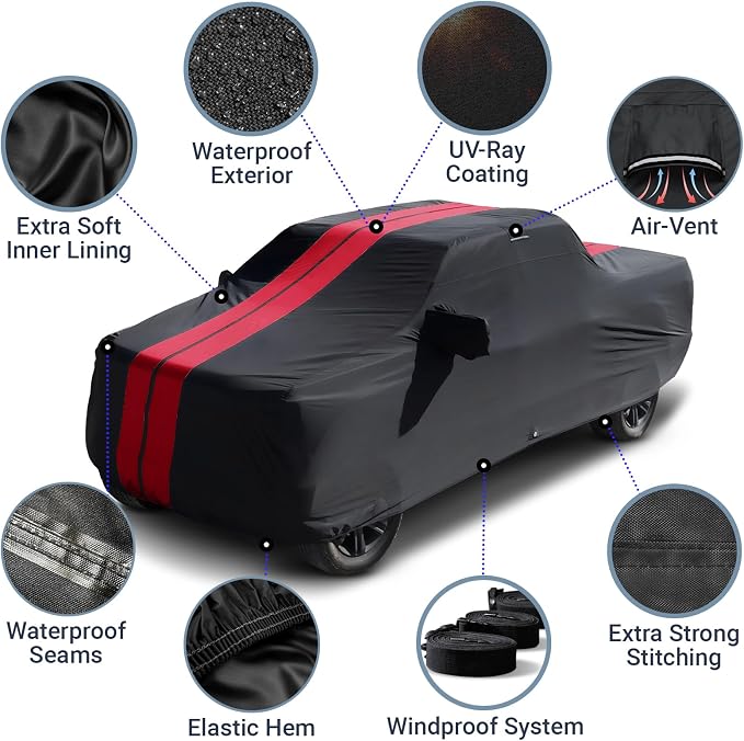 iCarCover Premium Heavy Duty Truck Car Cover - Waterproof All Weather Rain Snow UV Protection, Tacoma, Frontier, Explorer, Ridgeline, Ranger, Colorado, Size T82 (See Size Chart), Stripe - Black/Red