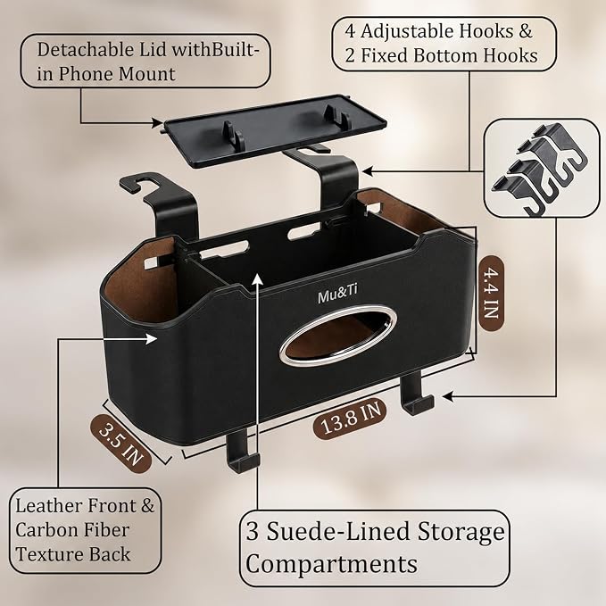 Mu&Ti Back Seat Car Organizer with Cup Holders Tissue Box Holder, Phone Stand and Hooks Multifunctional 4 in 1(Black)