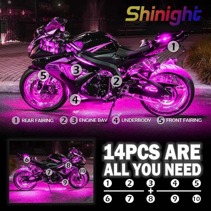 SHINIGHT 14 Pcs Motorcycle LED Light Kits, App Control Multicolor Waterproof Motorcycle LED Strip Lights with RF Remote, Music Sync & Multiple Scene Modes RGB LED Lights for Motorcycles