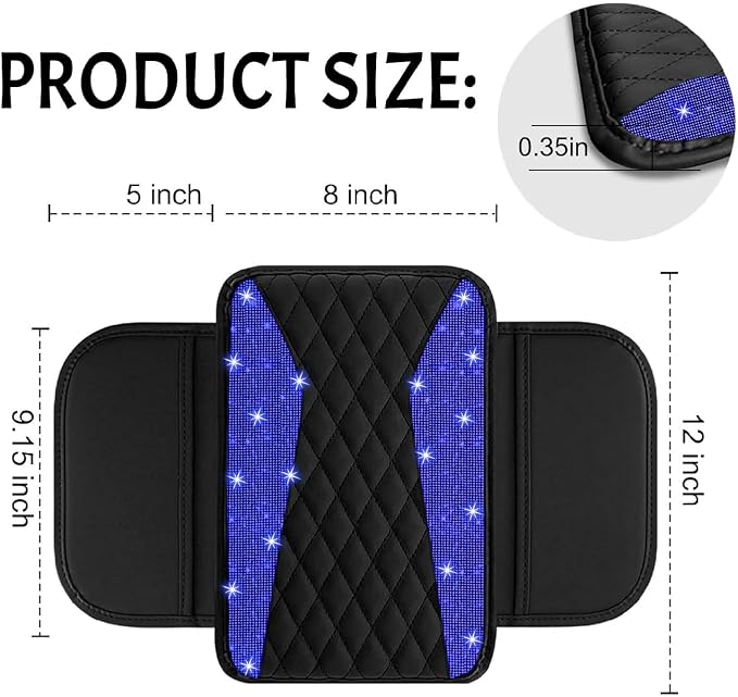 NBTEPEM Bling Car Center Console Cover, Leather Arm Rest Cover for Car with 2 Storage Bags, Universal Car Middle Console Cover Diamond Car Accessories Interior Fit for Most Vehicles, Blue Diamond