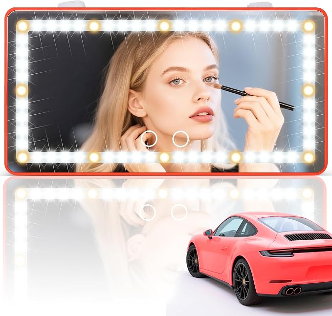 SINGARO Car Sun Visor Vanity Mirror - Rechargeable Makeup Mirror with 60 LEDs, 3 Light Modes & Dimmable Touch Control for Cars, Trucks, SUVs, Car Interior Accessories for Women (Red)