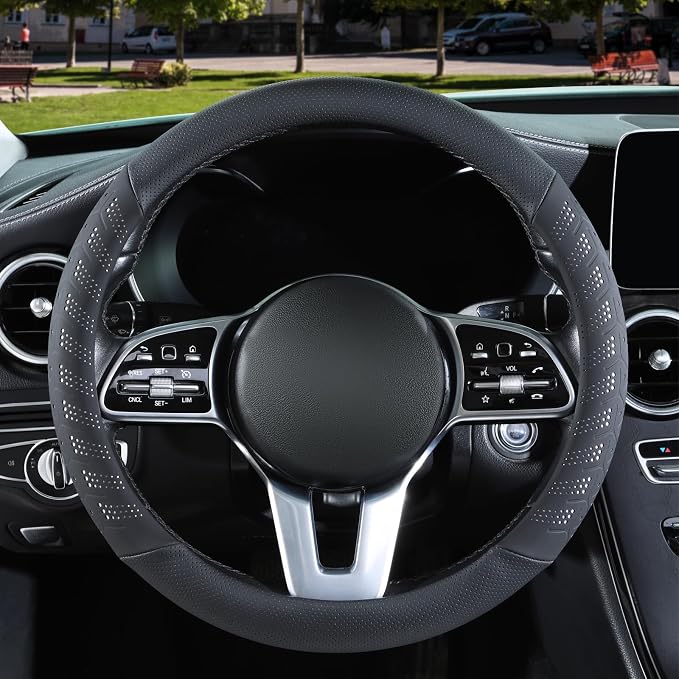 3D Slim Soft 16 inch Leather Steering Wheel Cover Black with White | Breathable Anti-Slip Premium Skin-Feel Perforated Thin Nappa Leather, Large 15.5 inch to 16 inch