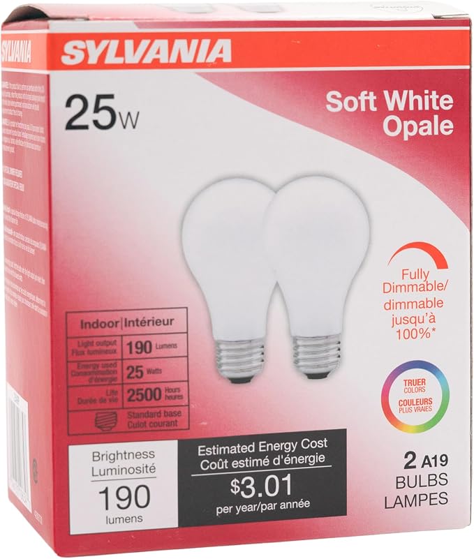Sylvania 25 Watt Light Bulbs 2 Pack - Dimmable Incandescent A19 E26 Medium Base General Purpose Bulbs, 25W Household Light Bulbs, 120V Frosted Warm White
