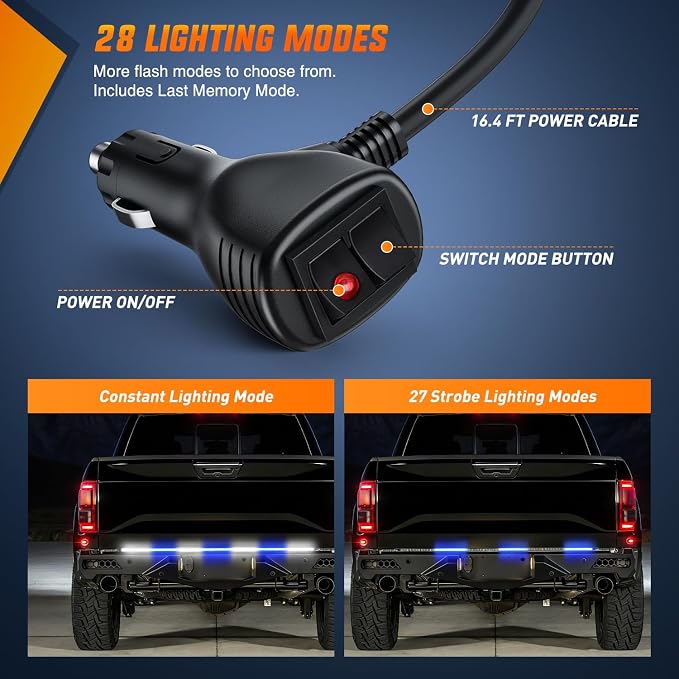 Nilight 60 Inch Truck Tailgate Strobe Light Strip Tail Emergency Bar Rear Window Warning Lamp Ultra-Bright Double Row 360 LED for Pickup Trailers Construction Vehicles Car SUV, Blue White