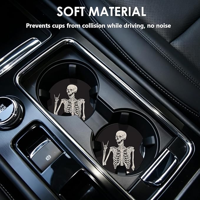 2 Pack Car Coasters，2.75-inch Neoprene Non-Slip Cup Holder Coasters for Car，Cute Car Interior Accessories for Men and Women，Skeleton