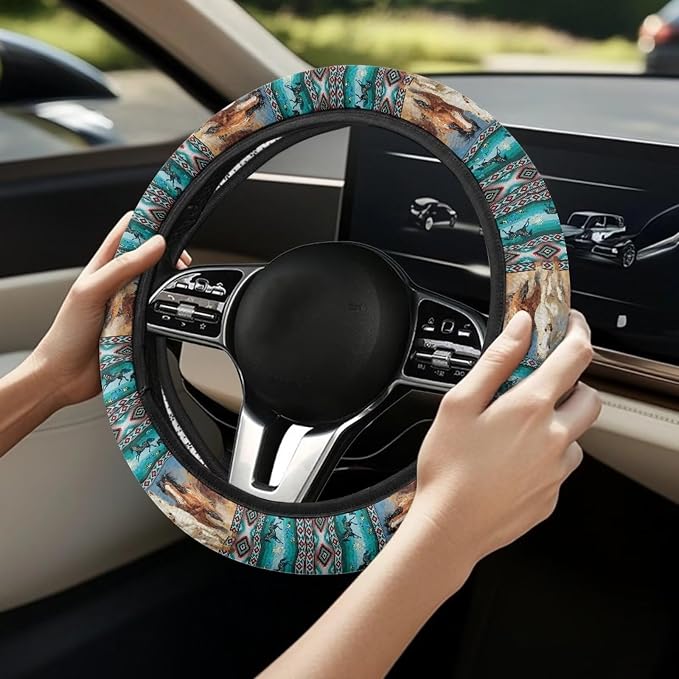Wanyint Car Steering Wheel Cover Universal 15 Inch Steering Wheel Wrap Anti-Slip Soft Elastic Decorative Auto Accessories All Weather Protection, Aztec Running Horse Teal