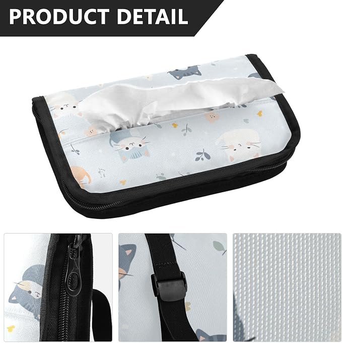 Car Tissue Holder Napkin Dispenser Box Storage Case Sun Visor Mask Holders with Adjustable Straps Reusable Refillable Cute Cats
