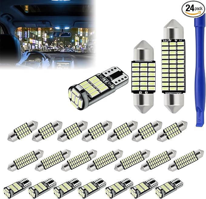 24 PCS Car LED Lights Interior Kit, T10 31mm 41mm LED Dome Lights Interior Replacement for Car Map, License Plate, Door, Side Marker, Cornering & Trunk Bulbs (Ice Blue)