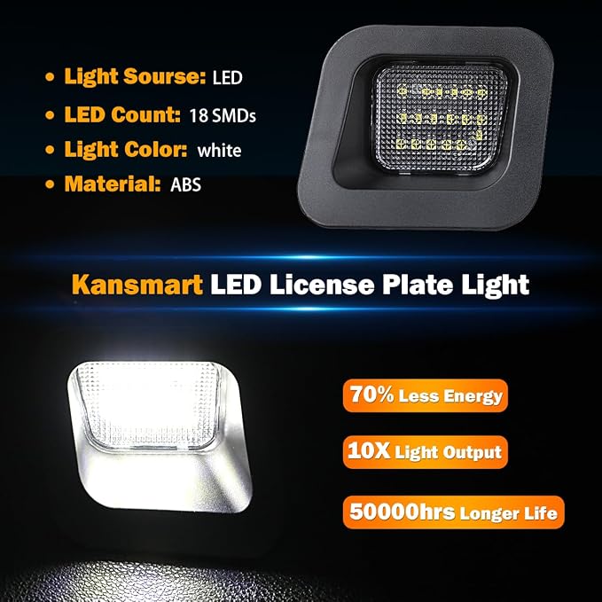 KanSmart LED License Plate Light for Dodge Ram 1500 2500 3500 2003-2018 | OE 55078095AA, 6000K white, smoke lens, rear bumper tag lamp assembly, decode CANbus, plug & play, pickup truck accessories
