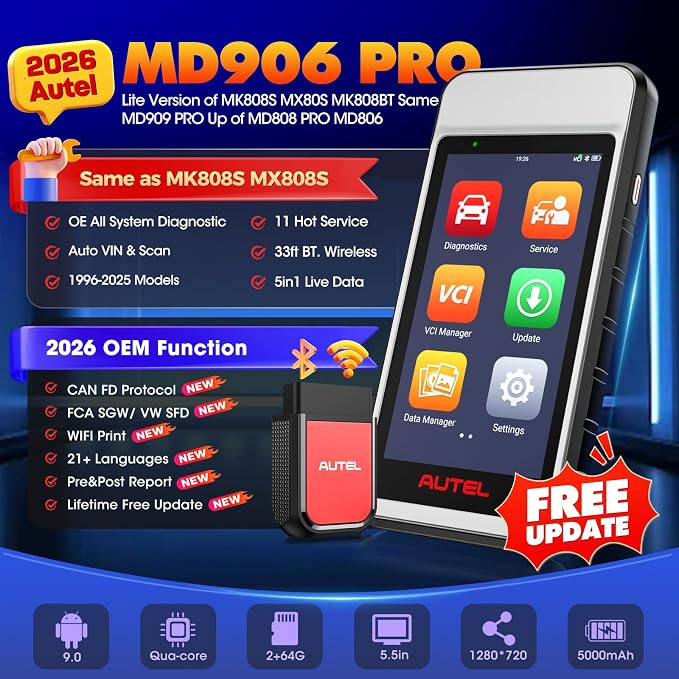 Autel MaxiDIAG MD906 PRO Scanner, 2026 All System Diagnostic Scan Tool w/Lifetime Free Update, 11 Reset Service, Oil/Brake/BMS/SAS/Injector, Same MD909 PRO V2.0 of MD808 PRO MD806 MD802, CAN-FD FCA
