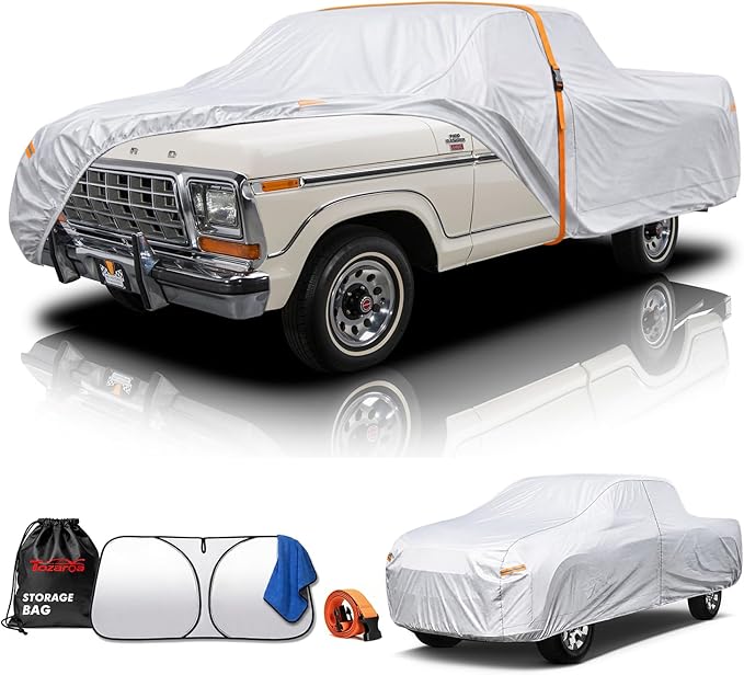 Truck Cover Waterproof All-Weather,Outdoor Pickup Covers(Length 211-220 inch) with Windshield Sun Shade Universal Fit Tacoma, Tundra, F-150, RAM 1500 etc,Size T2 (See Size Chart)